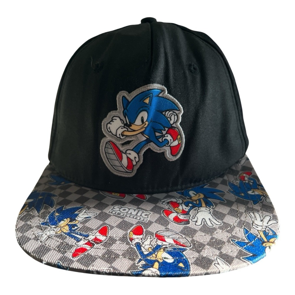Sonic the Hedgehog Snapback Hat Black Checkerboard Brim One Size Sega Cap